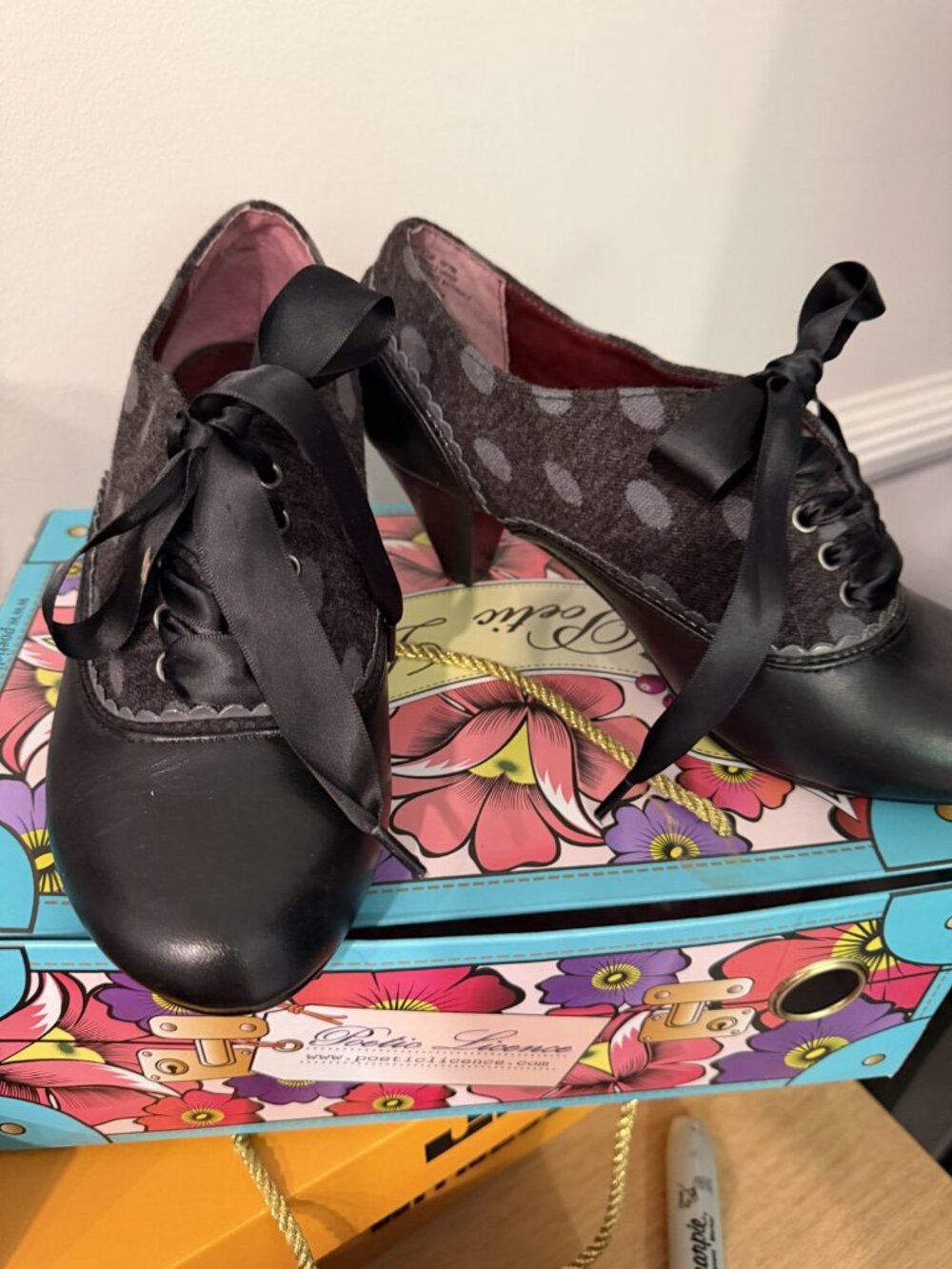 Poetic Licence Black Gray Polka Dot Ribbon Lace Up Heels EUR 37 with Box